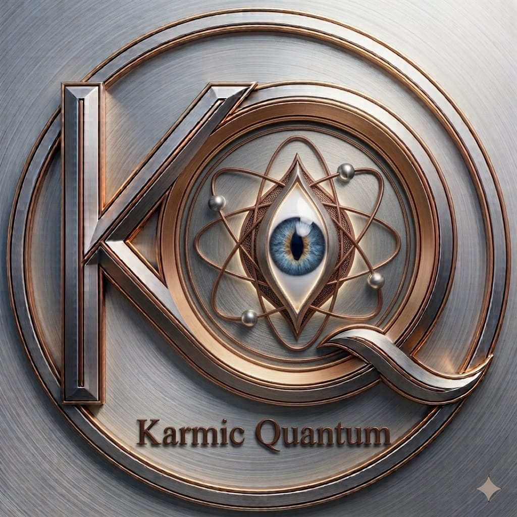 Karmic Quantum logo — a stylized metallic K and Q encircling an atom and a watching eye